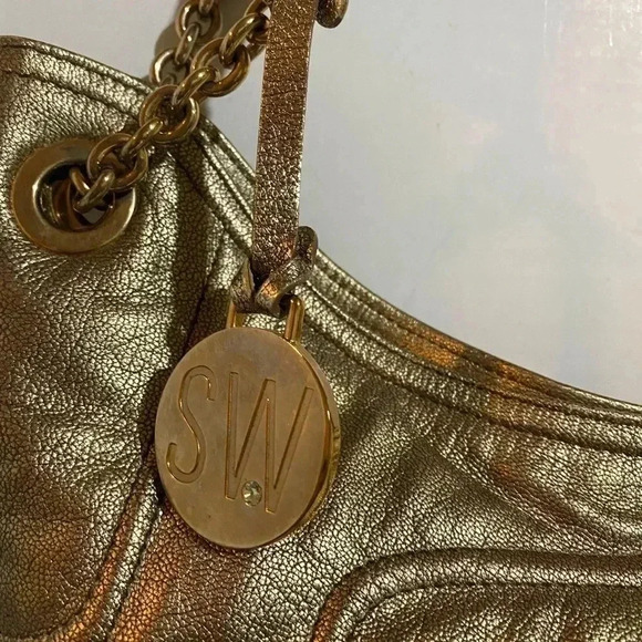 Stuart weitzman gold quilted metallic leather shoulder handbag - Picture 3 of 14